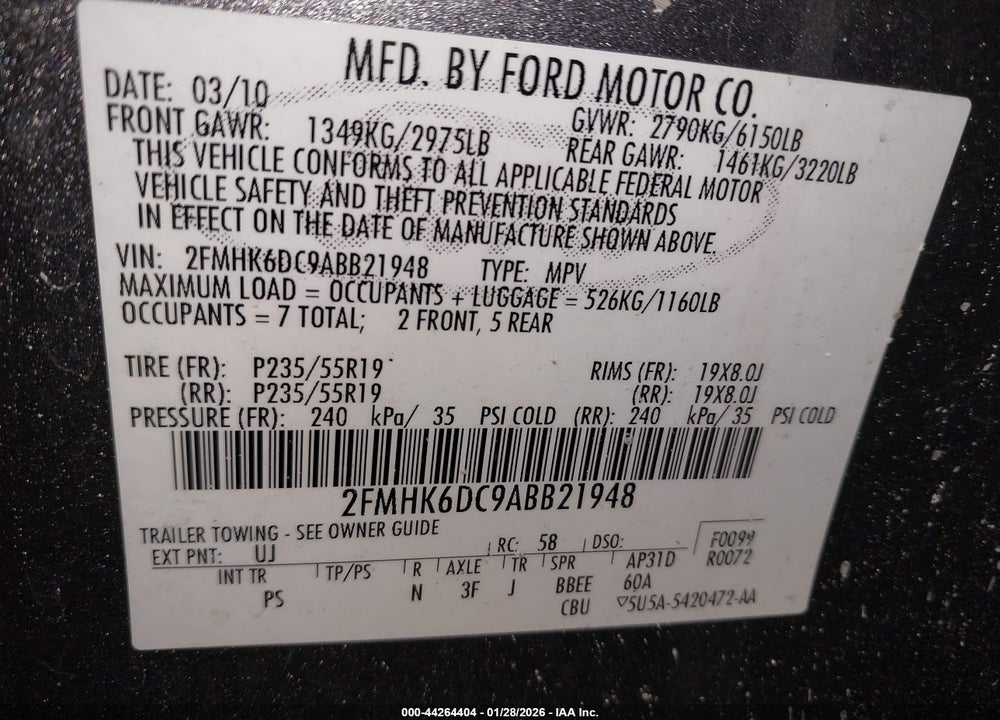 2010 FORD FLEX LIMITED VIN: 2FMHK6DC9ABB21948