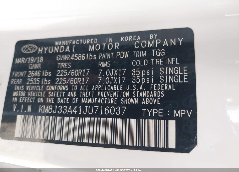 2018 HYUNDAI TUCSON SEL VIN: KM8J33A41JU716037