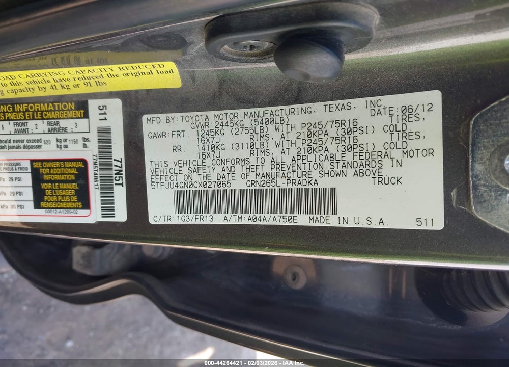 2012 TOYOTA TACOMA PRERUNNER V6 VIN: 5TFJU4GN0CX027065
