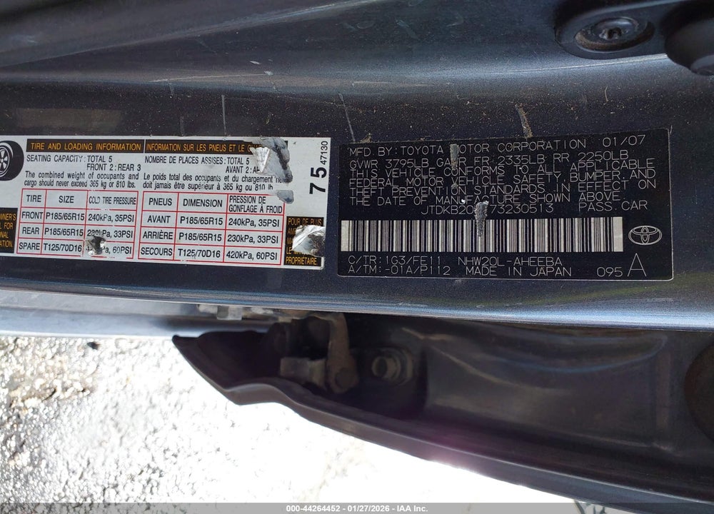 2007 TOYOTA PRIUS VIN: JTDKB20U173230513