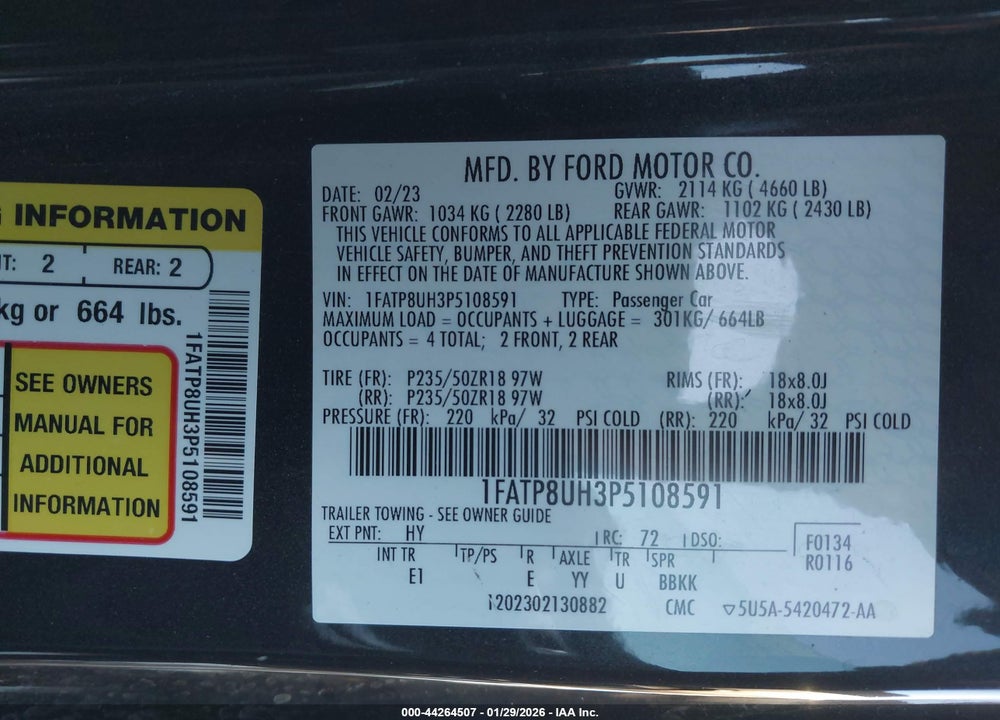 2023 FORD MUSTANG ECOBOOST PREMIUM VIN: 1FATP8UH3P5108591
