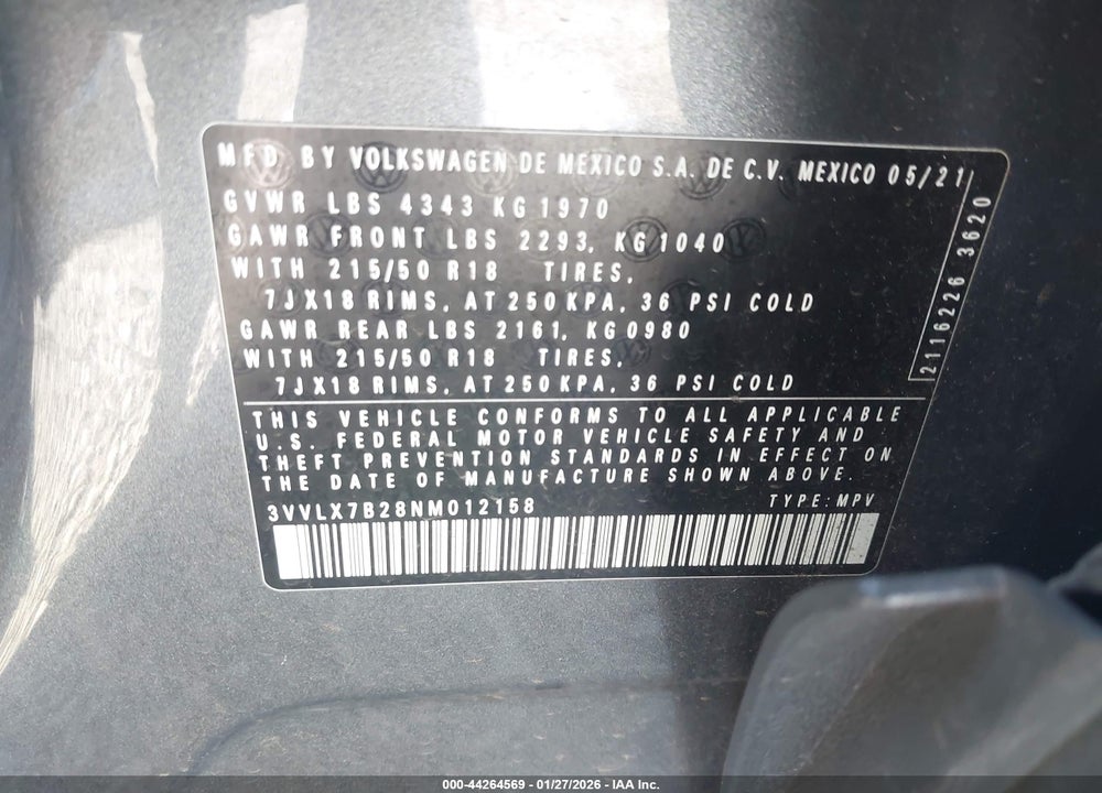 2022 VOLKSWAGEN TAOS 1.5T SE VIN: 3VVLX7B28NM012158