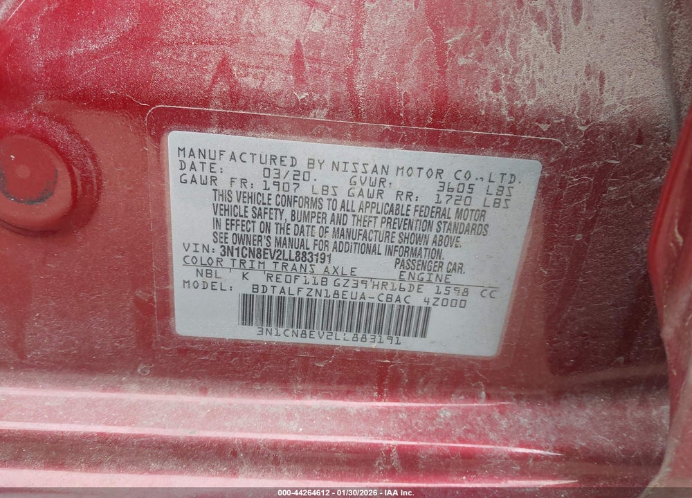 2020 NISSAN VERSA SV XTRONIC CVT VIN: 3N1CN8EV2LL883191