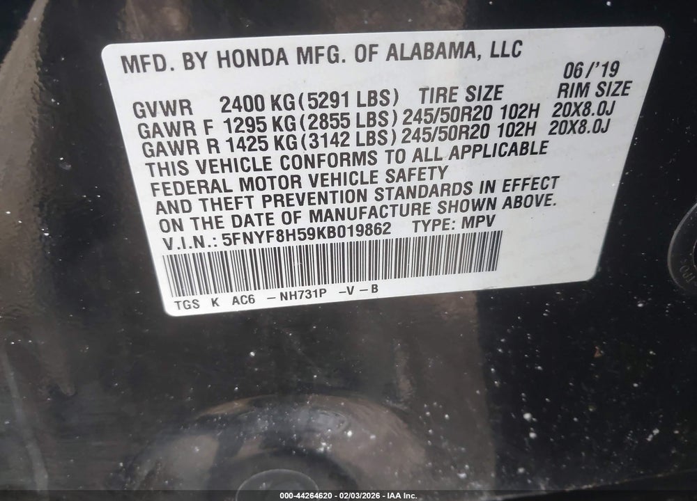 2019 HONDA PASSPORT EX-L VIN: 5FNYF8H59KB019862
