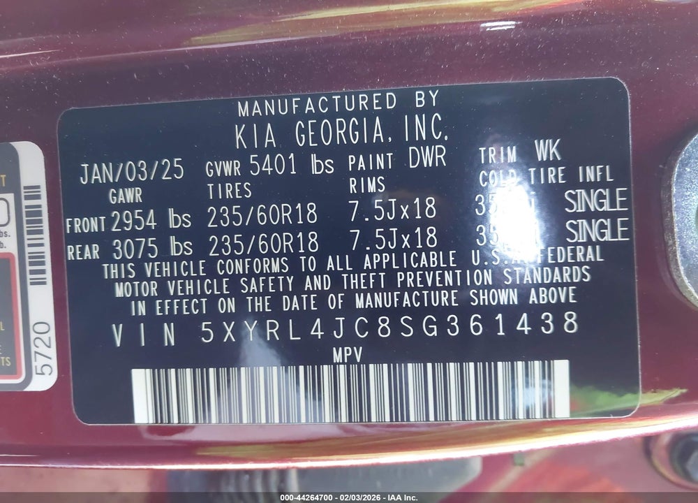 2025 KIA SORENTO S VIN: 5XYRL4JC8SG361438