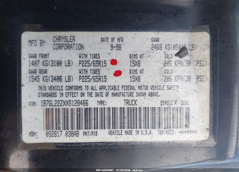 1999 DODGE DAKOTA SPORT VIN: 1B7GL22ZXXS128466