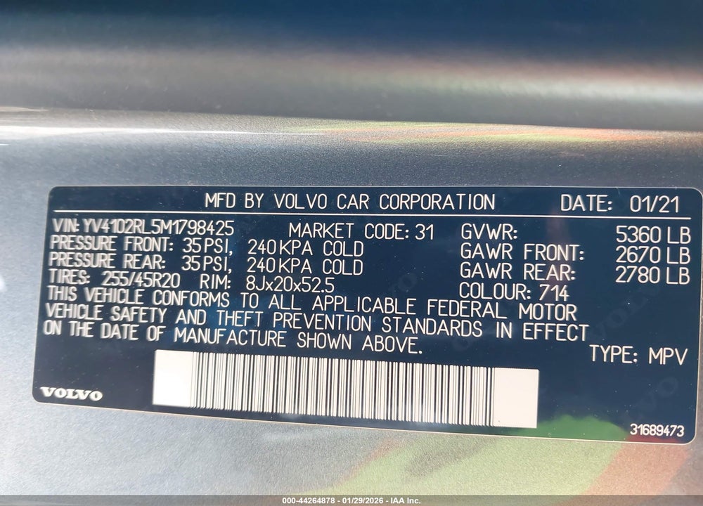 2021 VOLVO XC60 T5 INSCRIPTION VIN: YV4102RL5M1798425