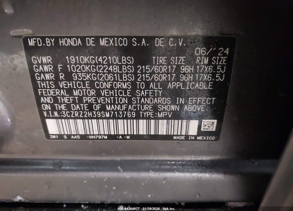 2025 HONDA HR-V AWD LX VIN: 3CZRZ2H39SM713769