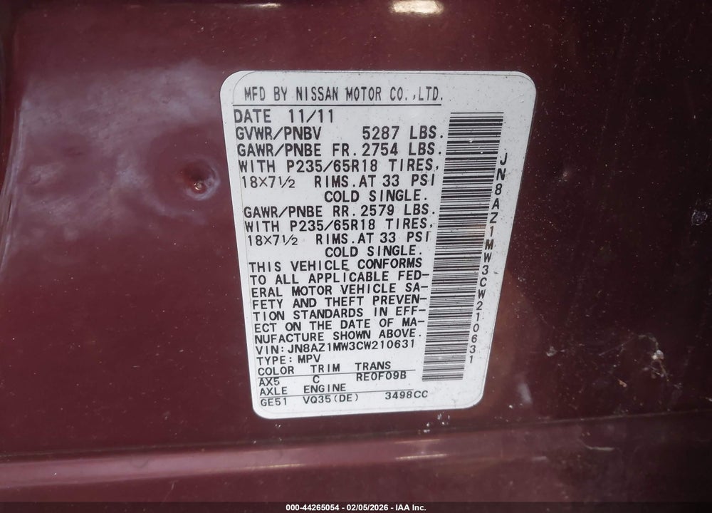 2012 NISSAN MURANO SV VIN: JN8AZ1MW3CW210631