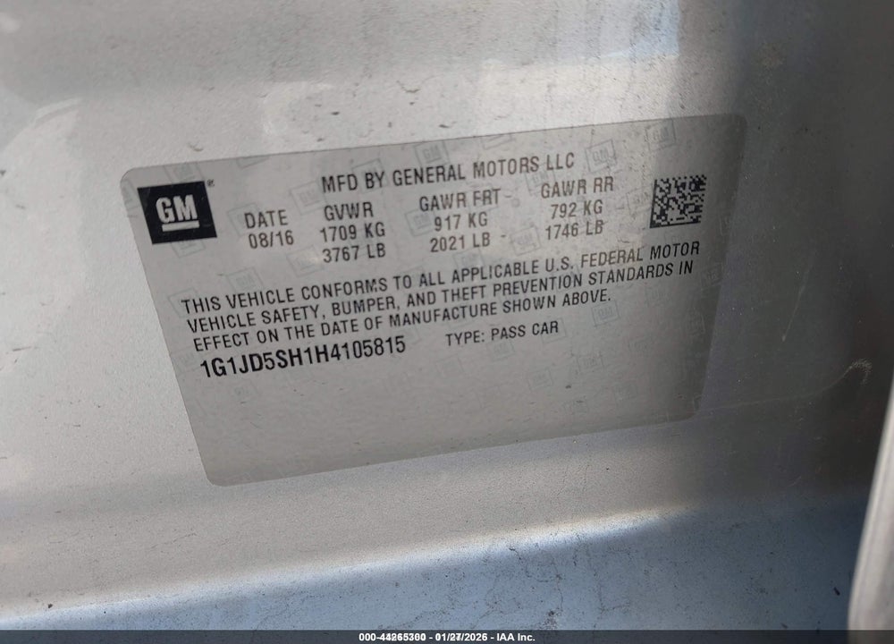 2017 CHEVROLET SONIC LT AUTO VIN: 1G1JD5SH1H4105815