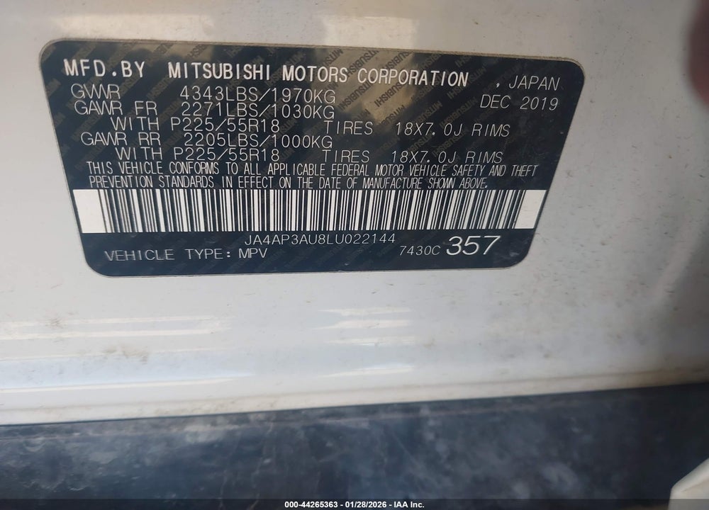 2020 MITSUBISHI OUTLANDER SPORT 2.0 ES VIN: JA4AP3AU8LU022144