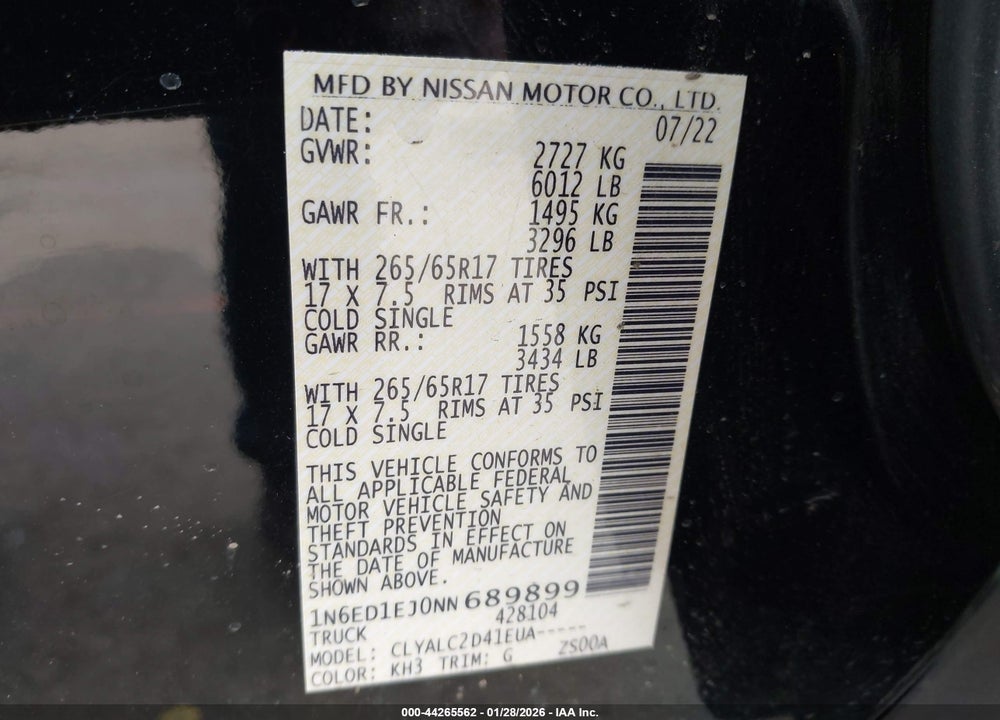 2022 NISSAN FRONTIER SV 4X2 VIN: 1N6ED1EJ0NN689899
