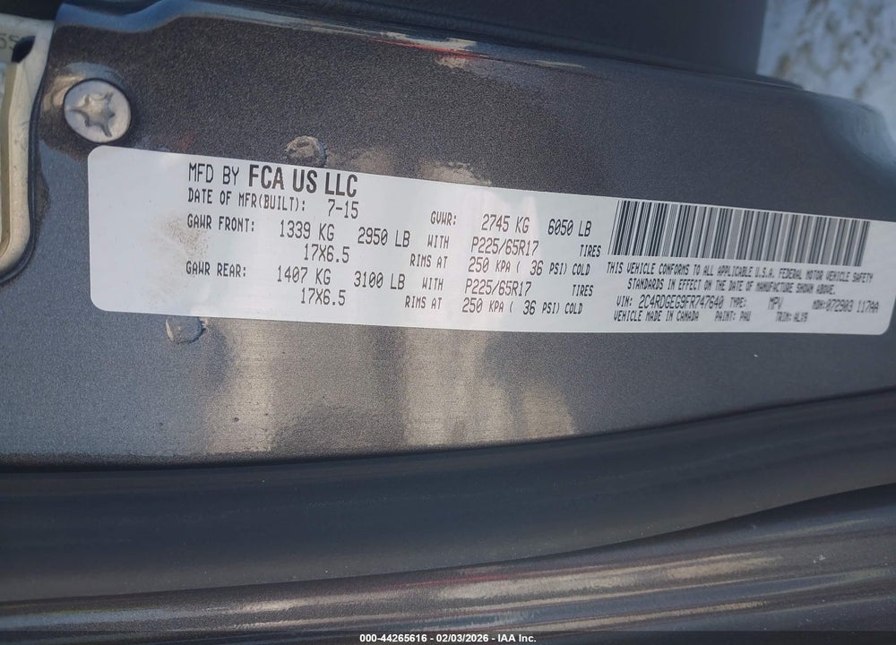 2015 DODGE GRAND CARAVAN R/T VIN: 2C4RDGEG9FR747640