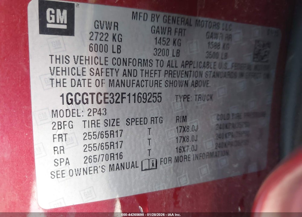 2015 CHEVROLET COLORADO Z71 VIN: 1GCGTCE32F1169255