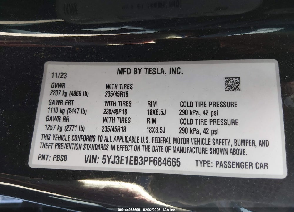 2023 TESLA MODEL 3 LONG RANGE DUAL MOTOR ALL-WHEEL DRIVE VIN: 5YJ3E1EB3PF684665