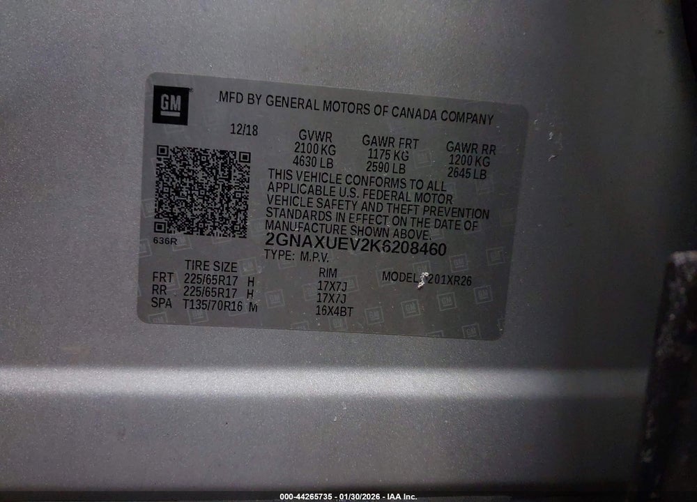 2019 CHEVROLET EQUINOX LT VIN: 2GNAXUEV2K6208460
