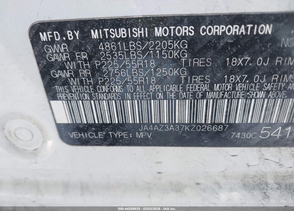 2019 MITSUBISHI OUTLANDER SEL VIN: JA4AZ3A37KZ026687