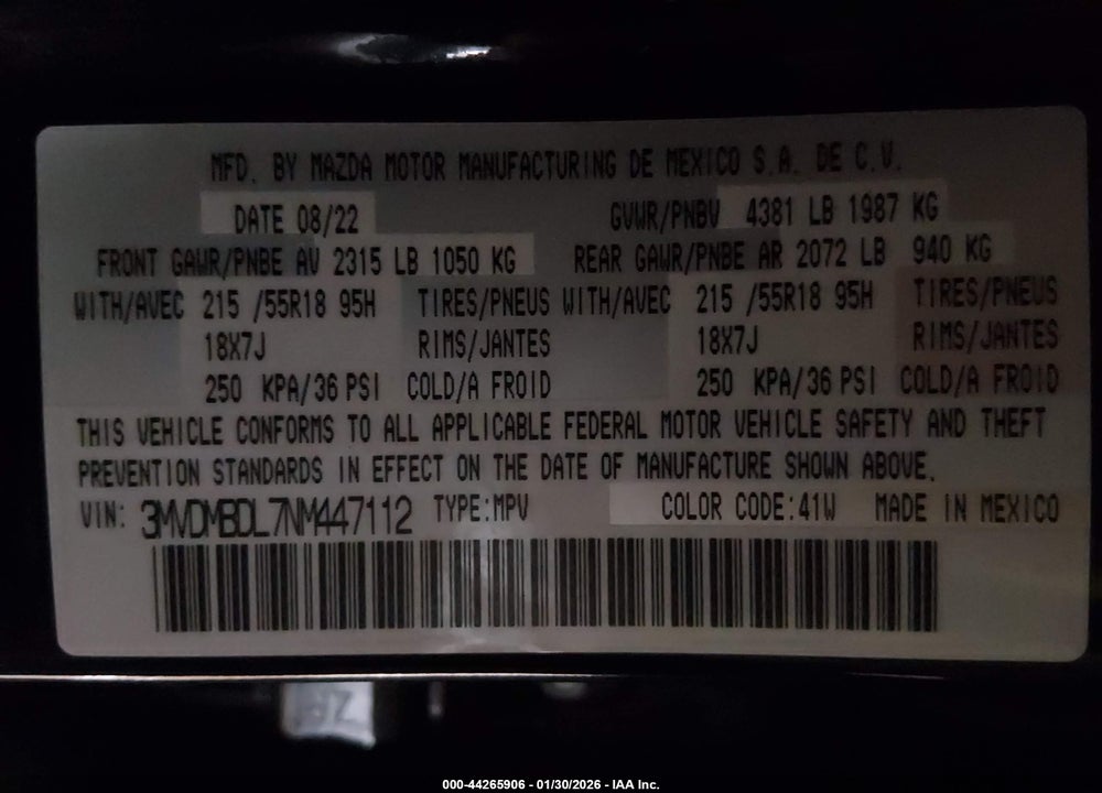2022 MAZDA CX-30 PREMIUM VIN: 3MVDMBDL7NM447112