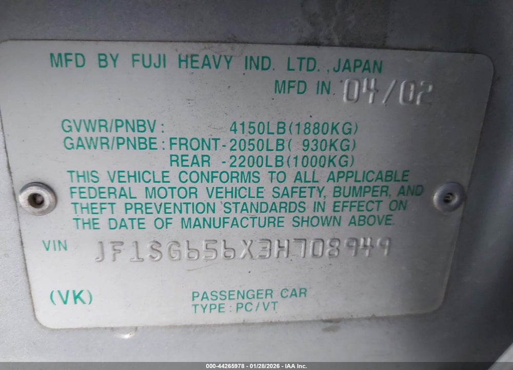 2003 SUBARU FORESTER XS VIN: JF1SG656X3H708949