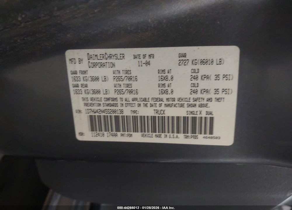 2005 DODGE DAKOTA SLT VIN: 1D7HW42N45S200138