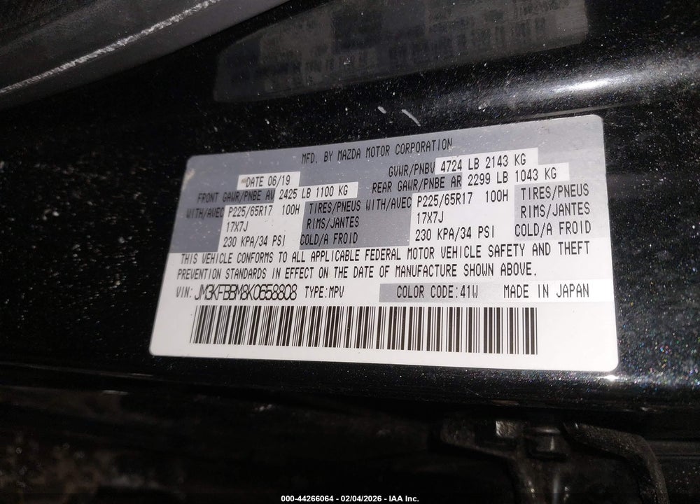 2019 MAZDA CX-5 SPORT VIN: JM3KFBBM8K0658808