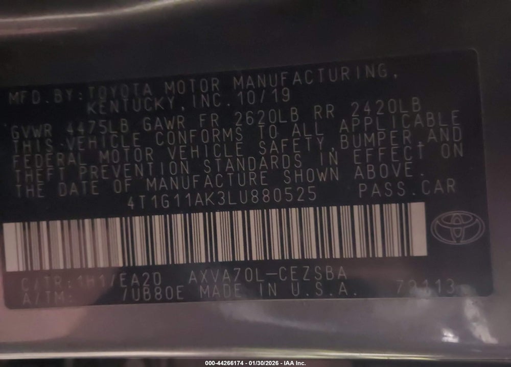 2020 TOYOTA CAMRY SE VIN: 4T1G11AK3LU880525