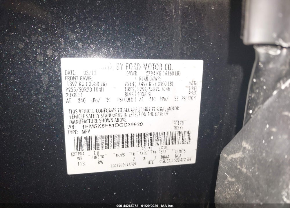 2013 FORD EXPLORER LIMITED VIN: 1FM5K8F81DGC39920