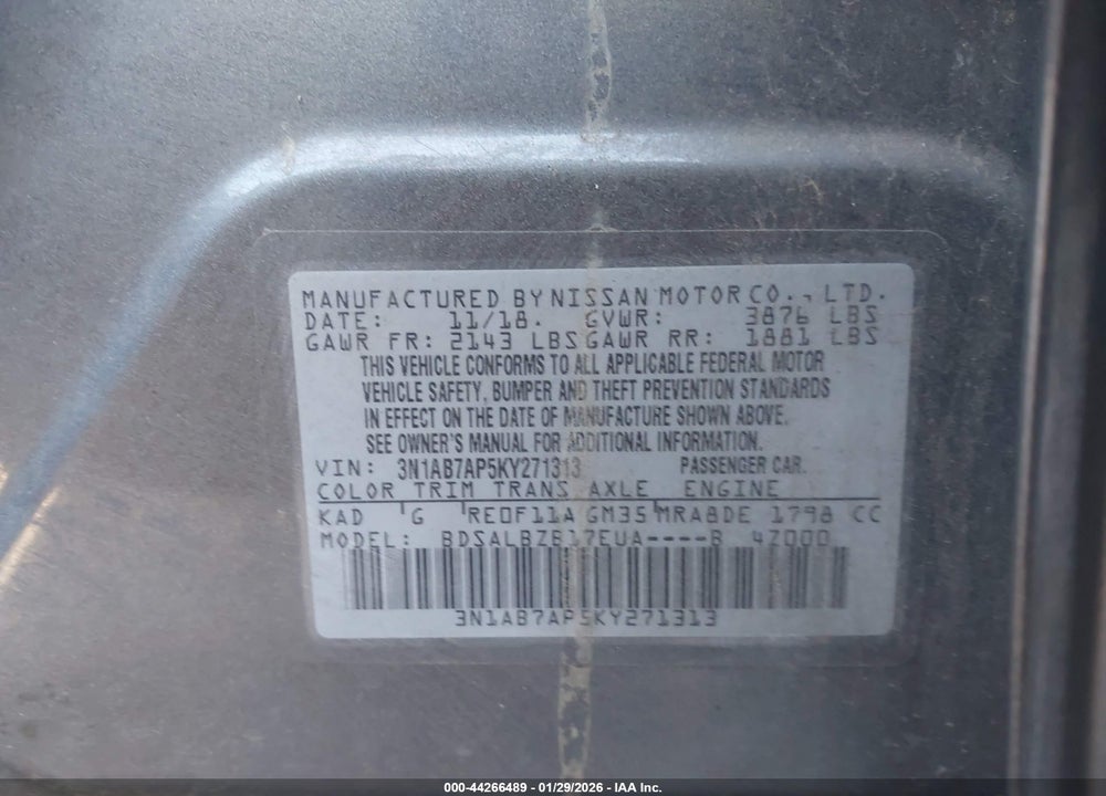 2019 NISSAN SENTRA S VIN: 3N1AB7AP5KY271313