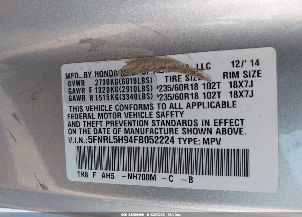 2015 HONDA ODYSSEY TOURING/TOURING ELITE VIN: 5FNRL5H94FB052224
