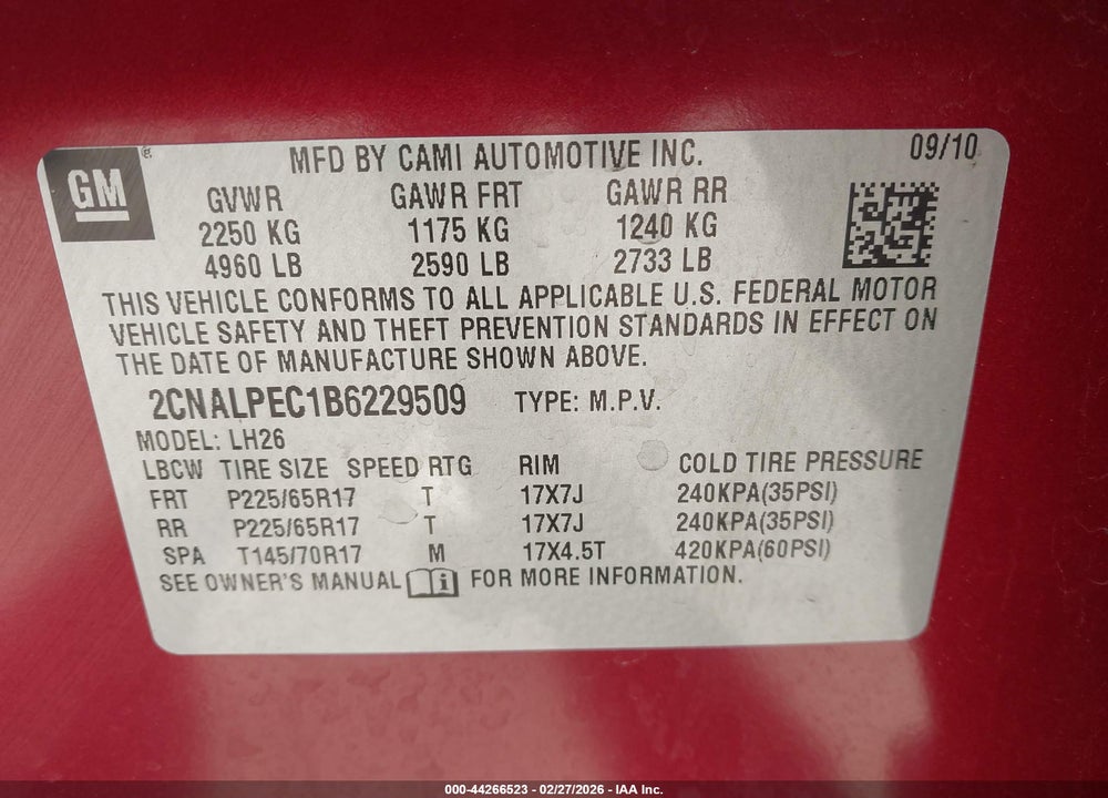 2011 CHEVROLET EQUINOX 2LT VIN: 2CNALPEC1B6229509
