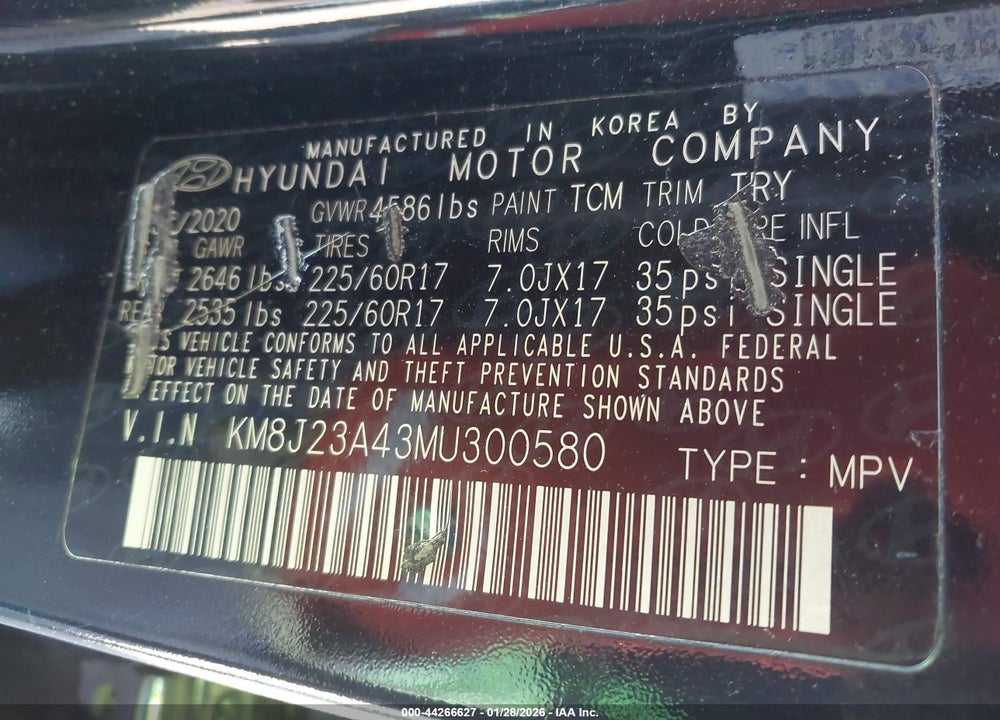 2021 HYUNDAI TUCSON SE VIN: KM8J23A43MU300580