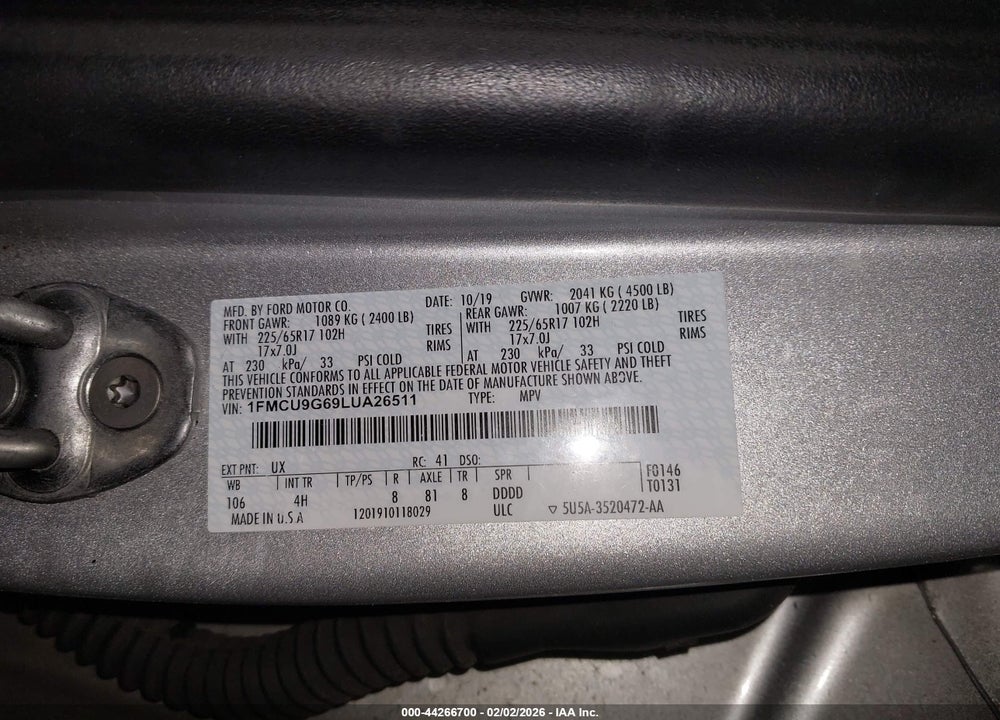 2020 FORD ESCAPE SE VIN: 1FMCU9G69LUA26511