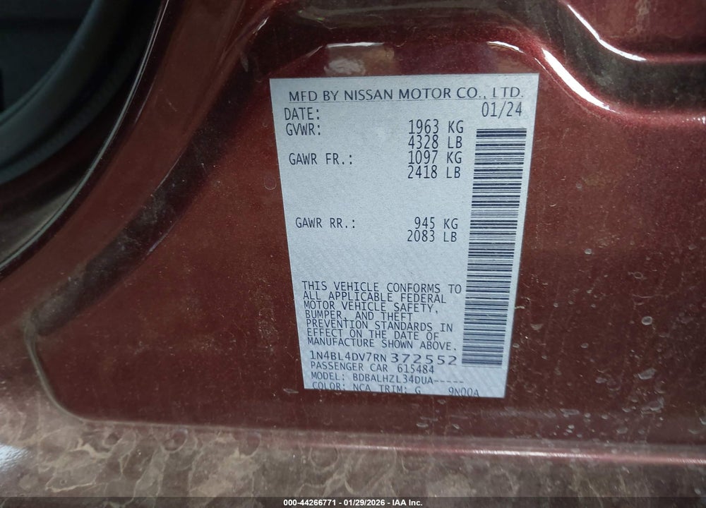 2024 NISSAN ALTIMA SV FWD VIN: 1N4BL4DV7RN372552