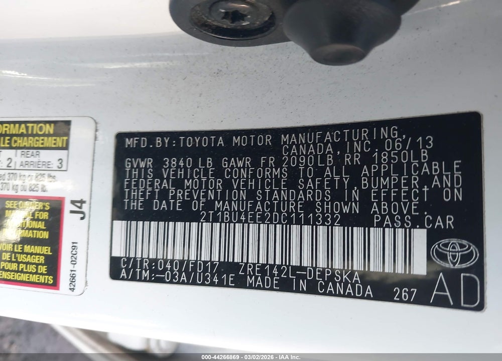 2013 TOYOTA COROLLA S VIN: 2T1BU4EE2DC111332