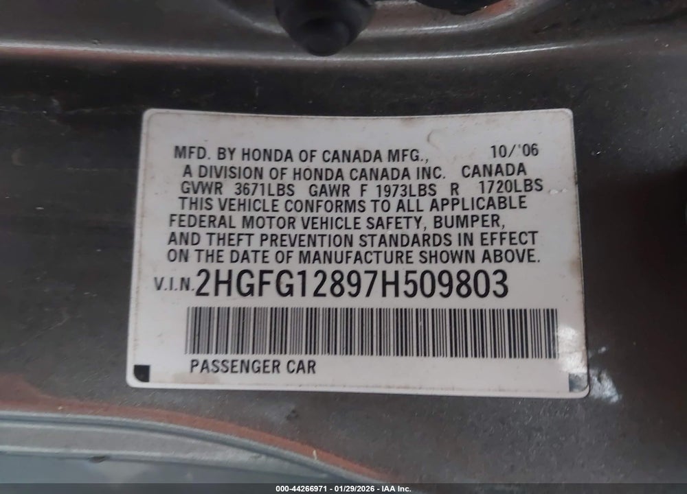 2007 HONDA CIVIC EX VIN: 2HGFG12897H509803