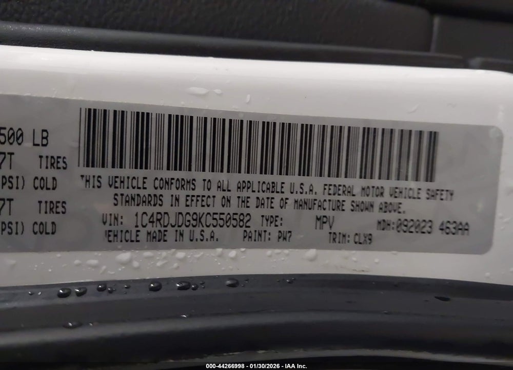 2019 DODGE DURANGO GT AWD VIN: 1C4RDJDG9KC550582