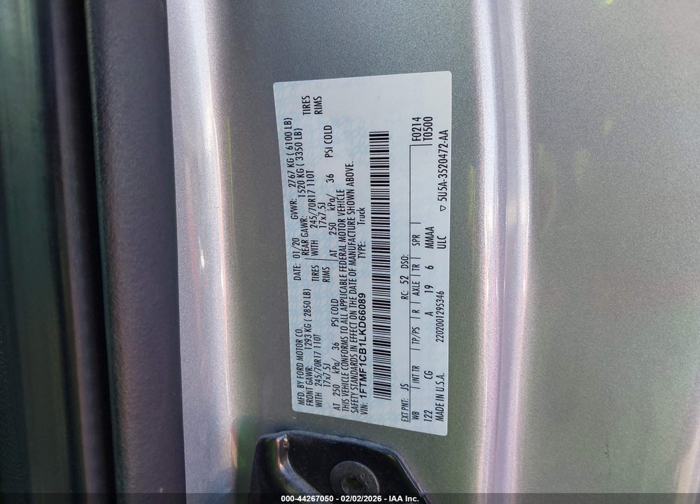 2020 FORD F-150 XL VIN: 1FTMF1CB1LKD66089