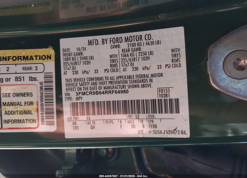 2024 FORD BRONCO SPORT BIG BEND VIN: 3FMCR9B64RRF64980