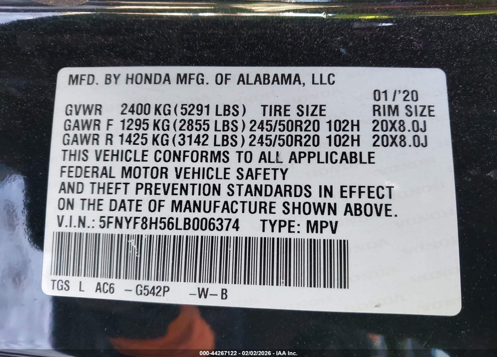 2020 HONDA PASSPORT AWD EX-L VIN: 5FNYF8H56LB006374