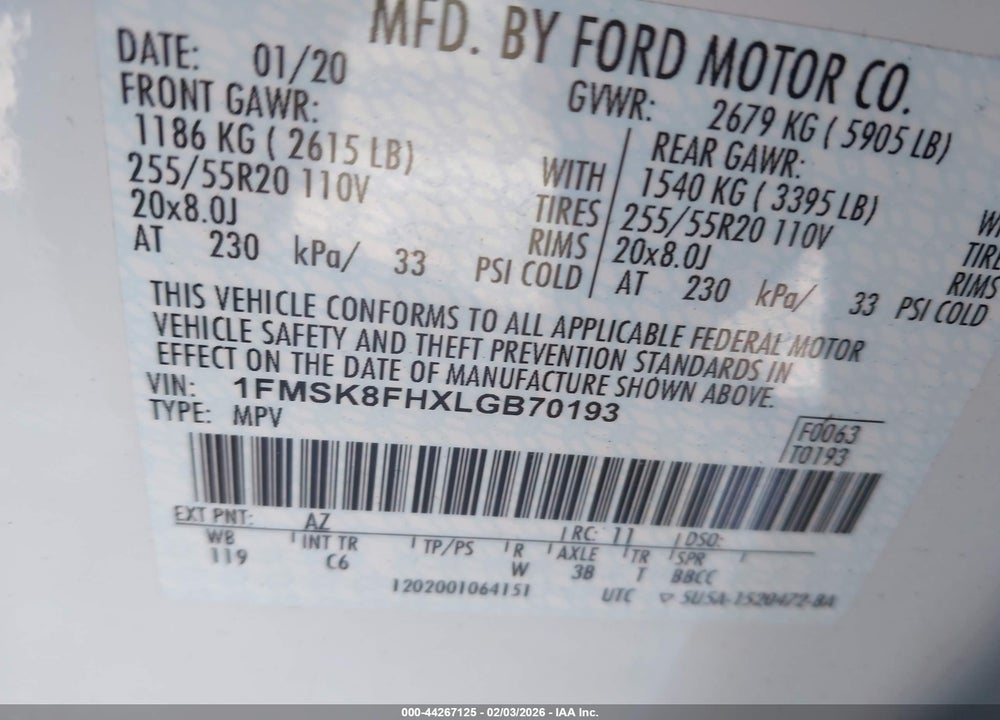 2020 FORD EXPLORER LIMITED VIN: 1FMSK8FHXLGB70193
