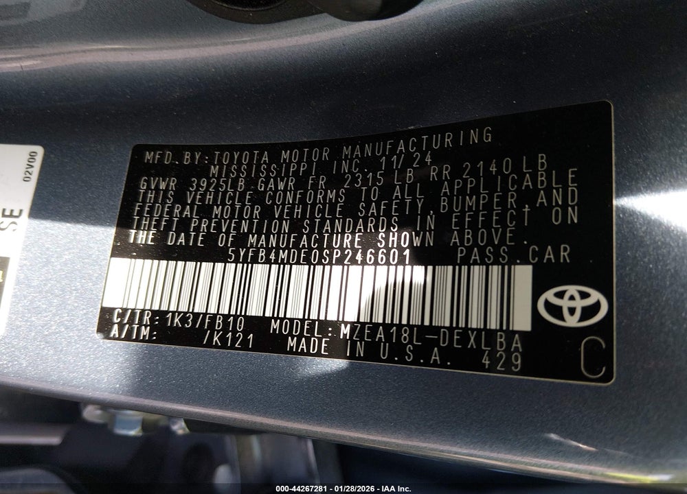 2025 TOYOTA COROLLA LE VIN: 5YFB4MDE0SP246601