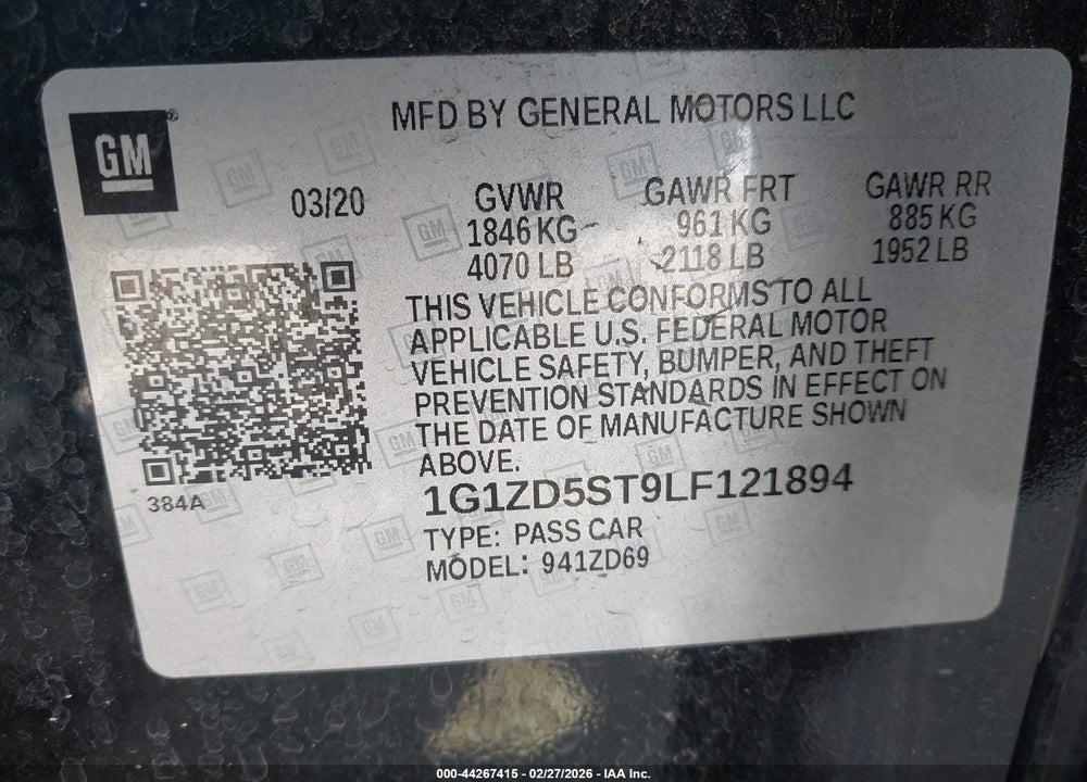 2020 CHEVROLET MALIBU FWD LT VIN: 1G1ZD5ST9LF121894