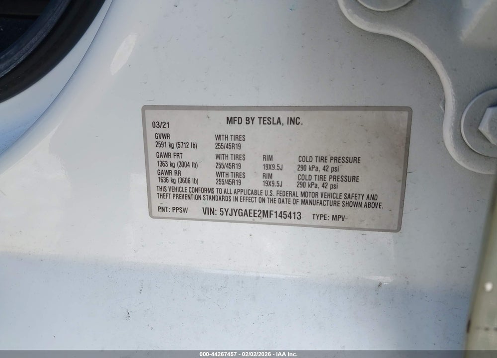 2021 TESLA MODEL Y LONG RANGE DUAL MOTOR ALL-WHEEL DRIVE VIN: 5YJYGAEE2MF145413