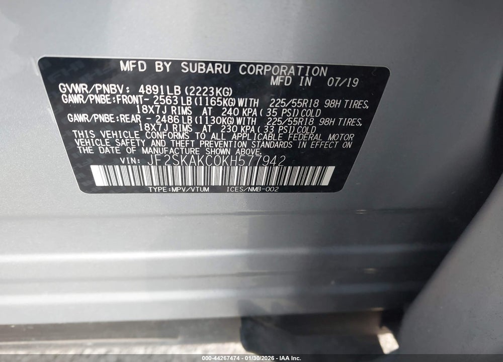 2019 SUBARU FORESTER SPORT VIN: JF2SKAKC0KH577942