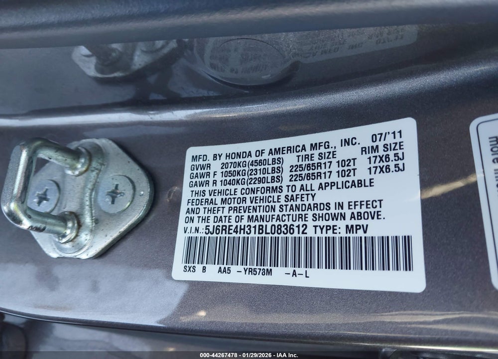 2011 HONDA CR-V LX VIN: 5J6RE4H31BL083612