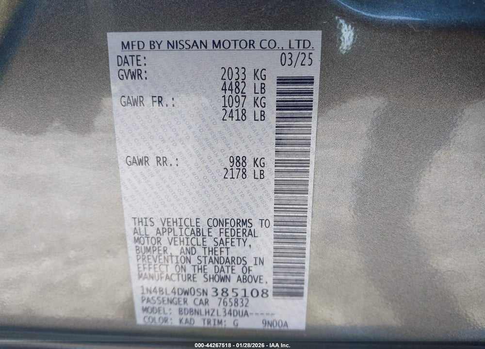 2025 NISSAN ALTIMA SV AWD VIN: 1N4BL4DW0SN385108