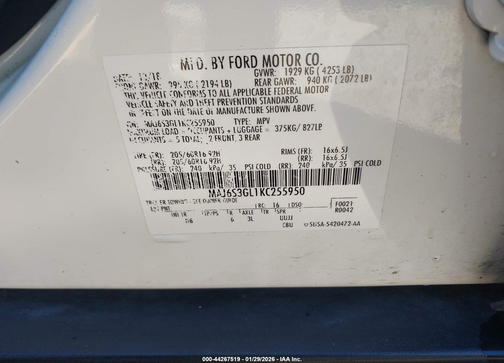 2019 FORD ECOSPORT SE VIN: MAJ6S3GL1KC255950