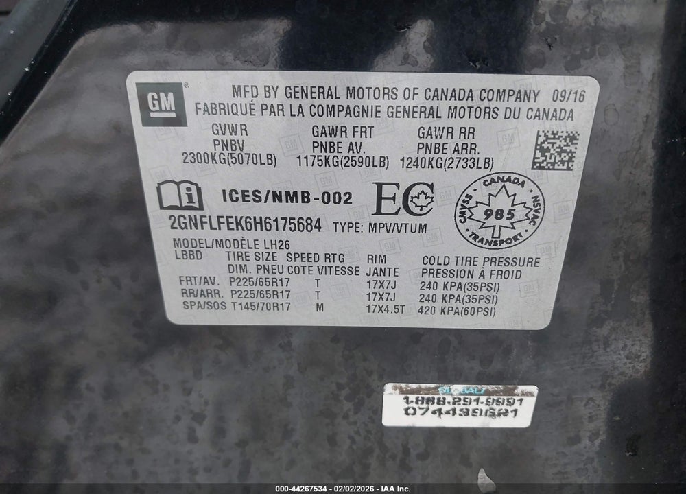 2017 CHEVROLET EQUINOX 1LT VIN: 2GNFLFEK6H6175684