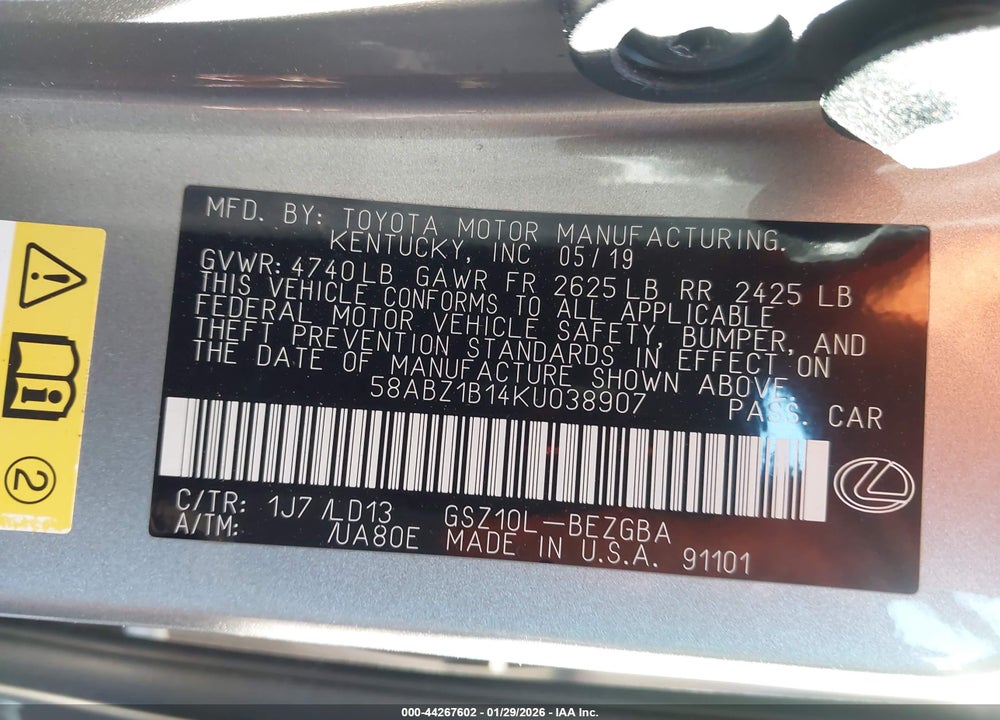 2019 LEXUS ES 350 VIN: 58ABZ1B14KU038907