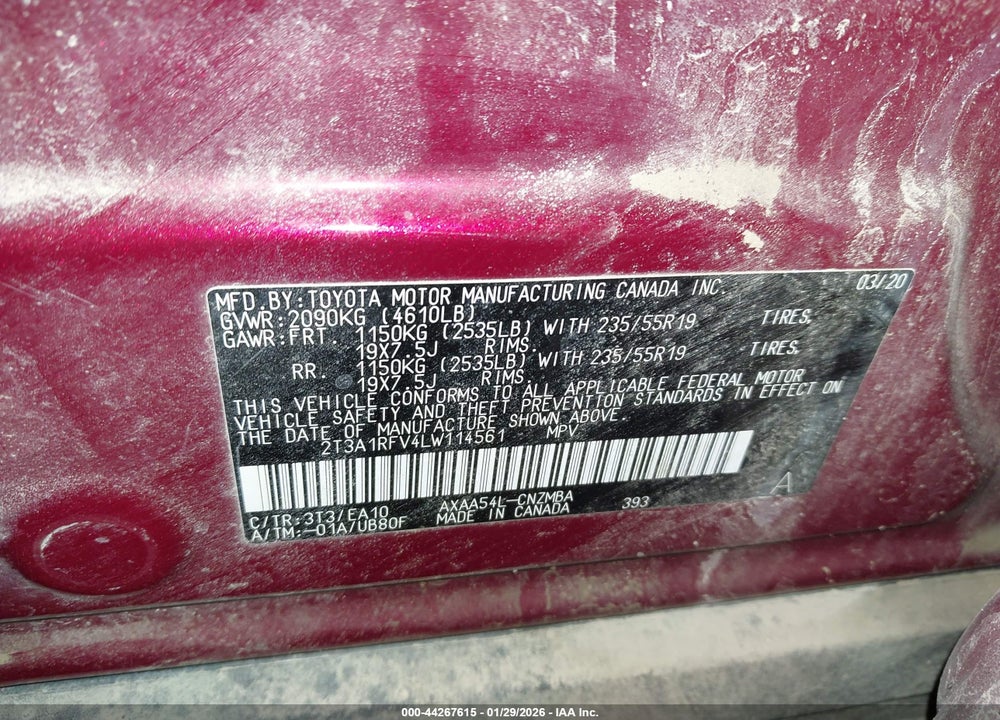 2020 TOYOTA RAV4 XLE PREMIUM VIN: 2T3A1RFV4LW114561